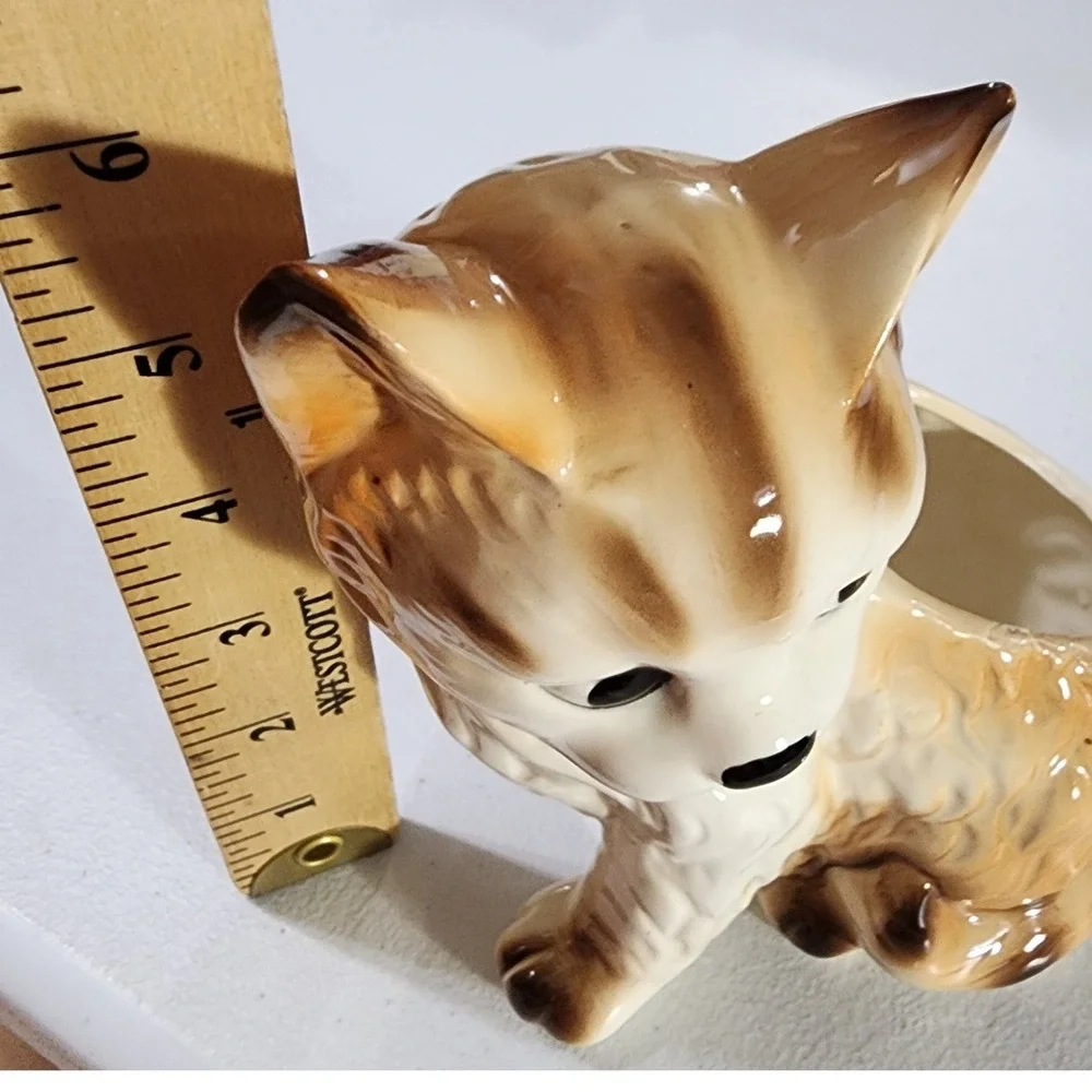 Vintage Ceramic Cat Planter Made in Japan Brown White Kitten Figurine Succulent
